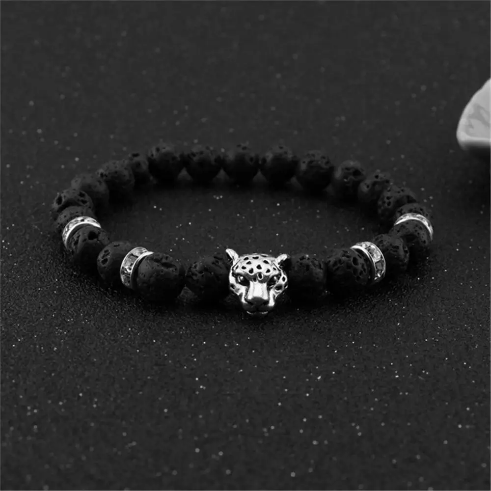 CARTER LISA Charm мужчины 8 мм Лава камень Бусины золото/серебро Леопардовый Браслет