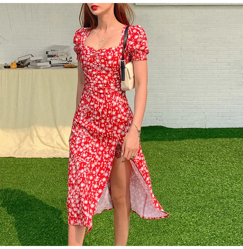 Women Casual Floral Print Square Collar Dresses Ruffles Puff Sleeve Midi Lady 2020 | Женская одежда