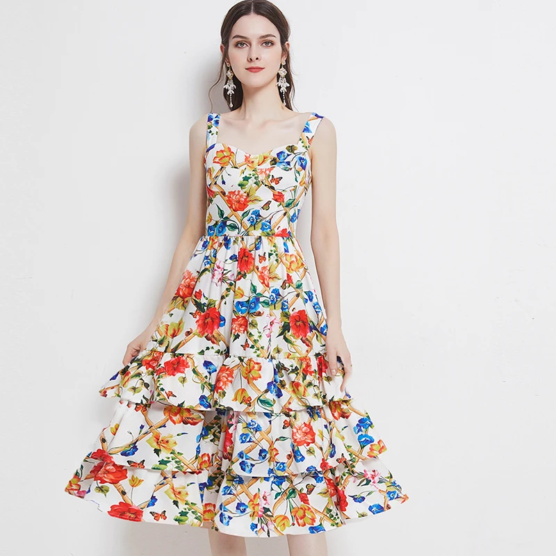

2021 Runway Summer Floral Dress Women Sexy Spaghetti Strap Camellia Flower Print Cascading Ruffles Holiday Boho Dresses