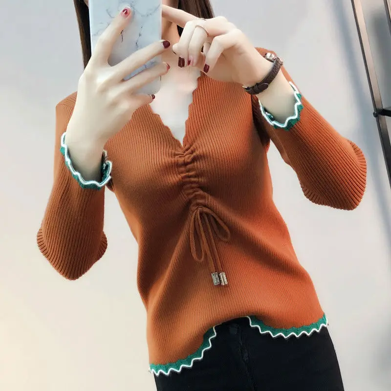

Spring and Autumn New Korean Bow Tie Pleated V-neck Sweater Women's Color Matching Long Sleeve Slimming Sweater