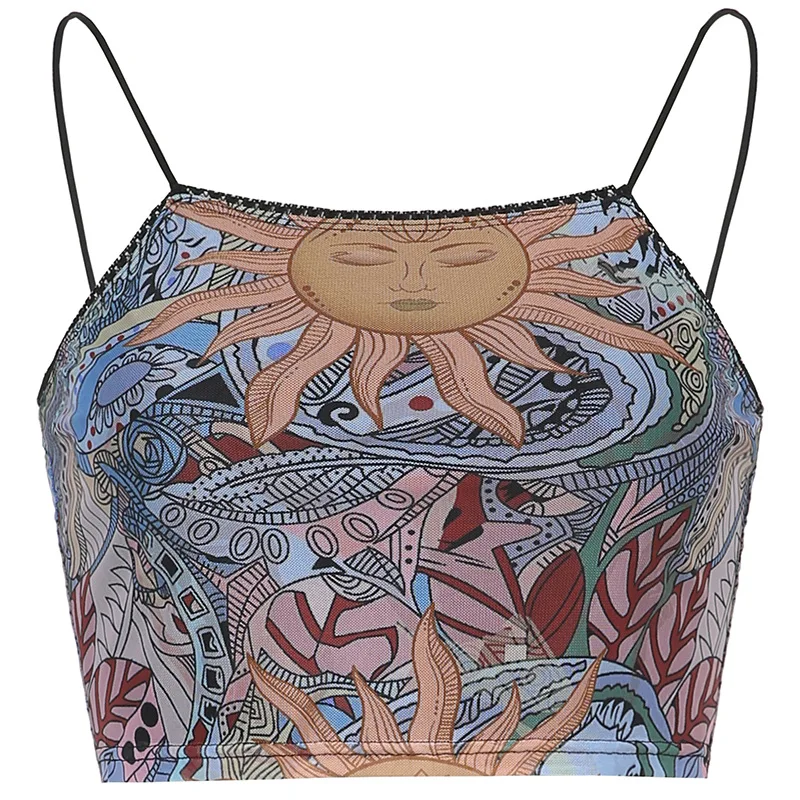 

Textured sling Amoi personality sun flower irregular printing one-way neck short sling small vest