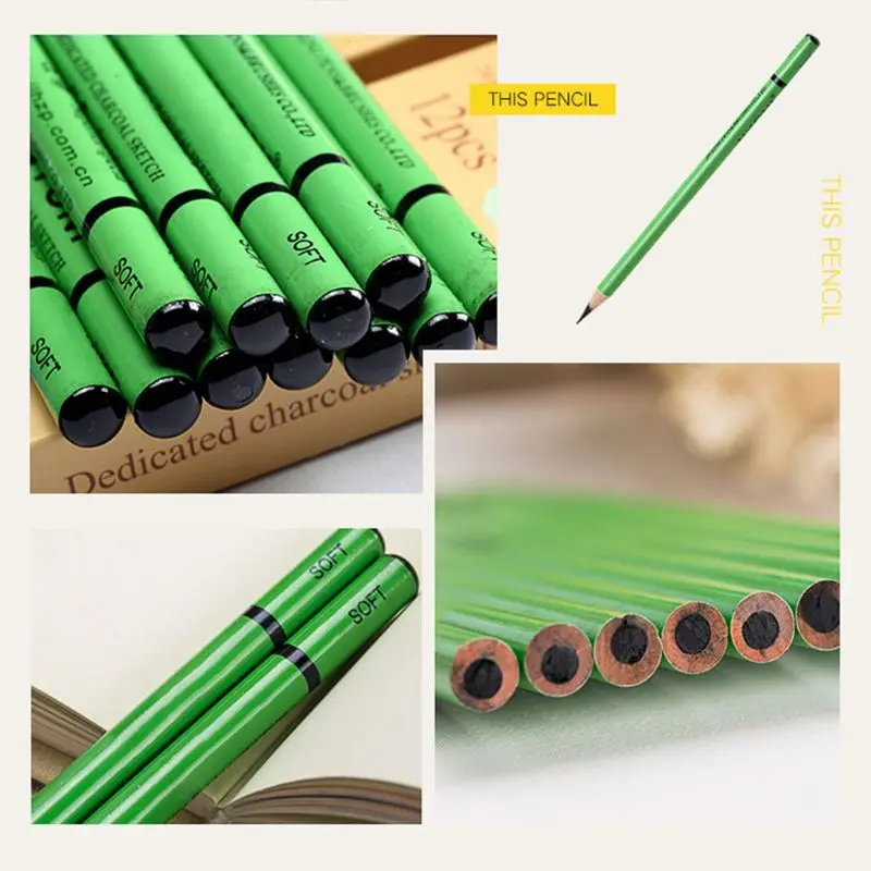

12pcs Professional Sketching Charcoal Pencil Drawing Carbon Pen Soft Medium Hard