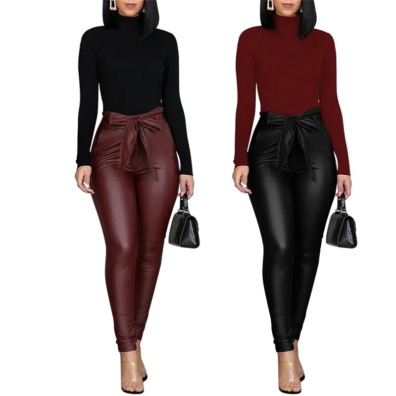 

Women's Leggings PU Leather Pants Stretchy Bandage Lace Skinny Pencil Trousers High Waisted Black