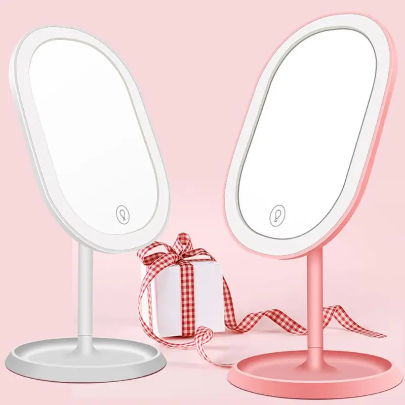 

LED Lights Desktop Makeup Mirror USB Chargeable 180 Free Degree Rotation Portable Touch Screen Switch Dimmable Tabletop Cosmetic