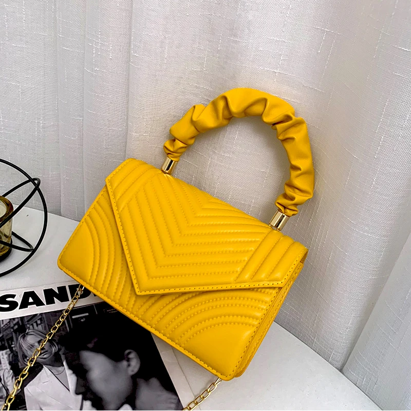 

Women's Crossbody Bag PU Leather Shoulder Bags 2021 Girl Shopper Fashion Casual Solid Color Stripe Frilled Handle Chain Handbags