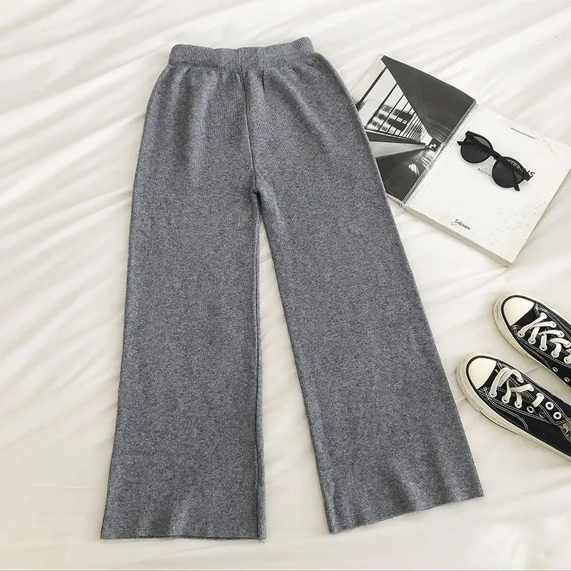 

Unua amo Casual Knitted Wide Leg Pants For Women 2021 Korean Style Streetwear Fashion Wild Lace Up Elastic Waist Nine Trousers