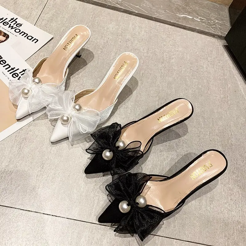 

Slippers Casual Thin Heels Mules For Women 2021 Cover Toe Flock Med Slides Shallow High-Heeled Shoes Lady Butterfly-Knot Luxury
