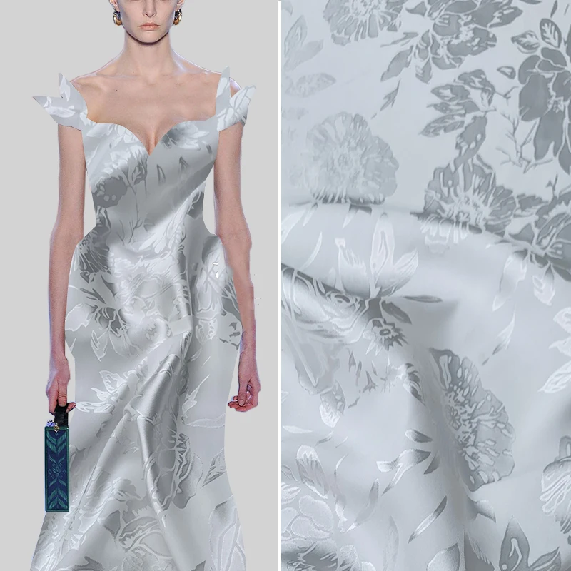 

White background gloss jacquard imitation acetate fabric high-end dress shirt clothing satin chiffon fabric by the meter SFE32-1