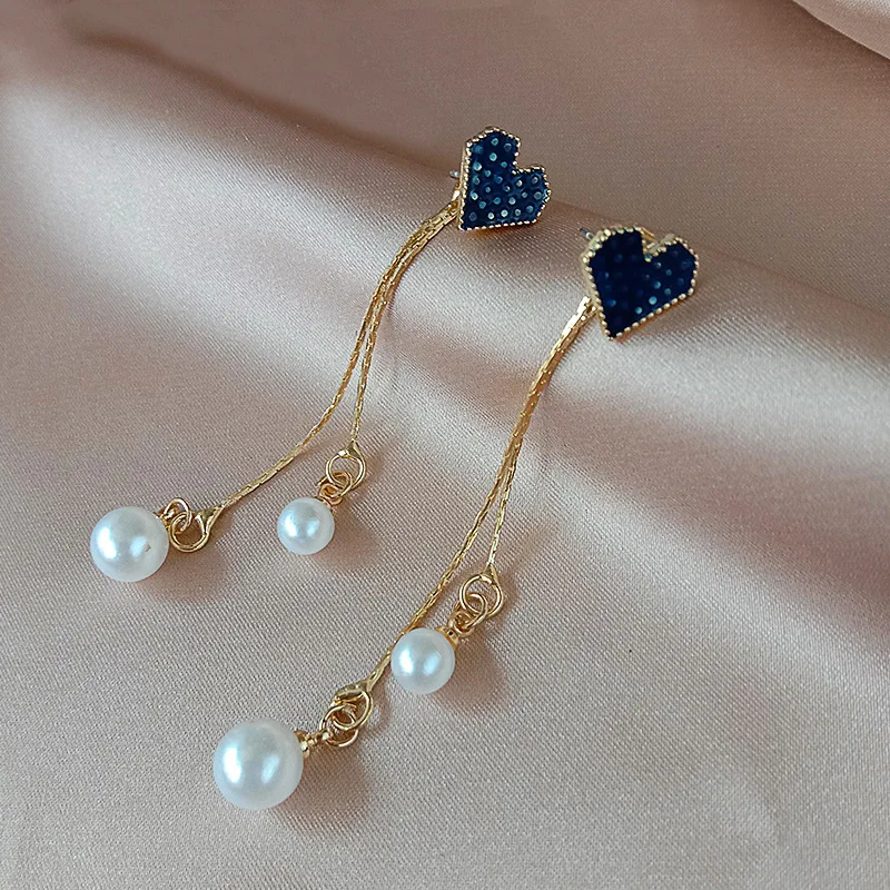 

Temperament Female Fashion Blue Love Heart Inlaid Rhinestone Pearl Tassel Pendant Earrings Ladies Party Jewelry Anniversary Gift