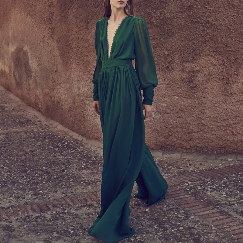 

Vacation V-neck Hakama New Drape Jumpsuit Female Temperament Advanced Wide-leg Jumpsuit High Waist Thin Long Section Dress