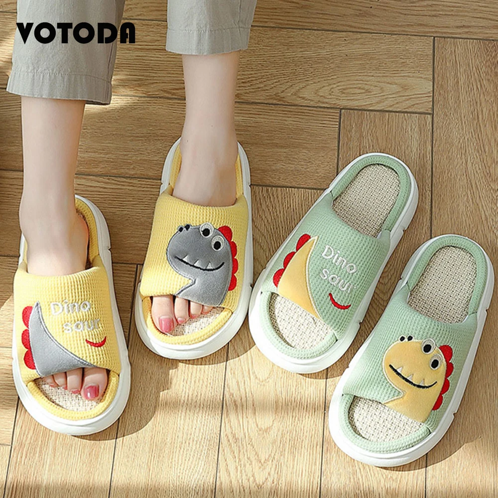 

Winter Women Cartoon Cotton Hemp Slippers Cute Dinosaur Thick Bottom Slides Couple Indoor Flat Flip Flops Non-Slip Female Shoes