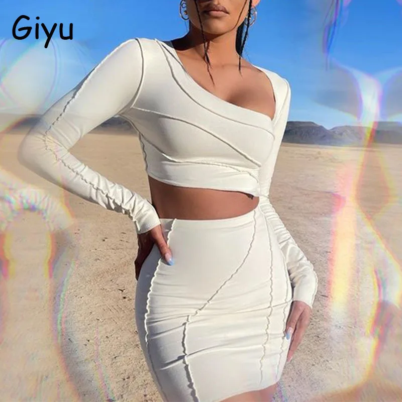 

Повседневный облегающий комплект из двух предметов Giyu, Женский Осенний укороченный Топ с длинным рукавом и юбка, комплекты из 2 предметов дл...