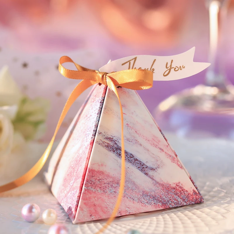 

Triangular Pyramid Colorful Marble Style Candy Gift Box with Ribbon Paper Candy Bags for Wedding Party Decorations Supplies