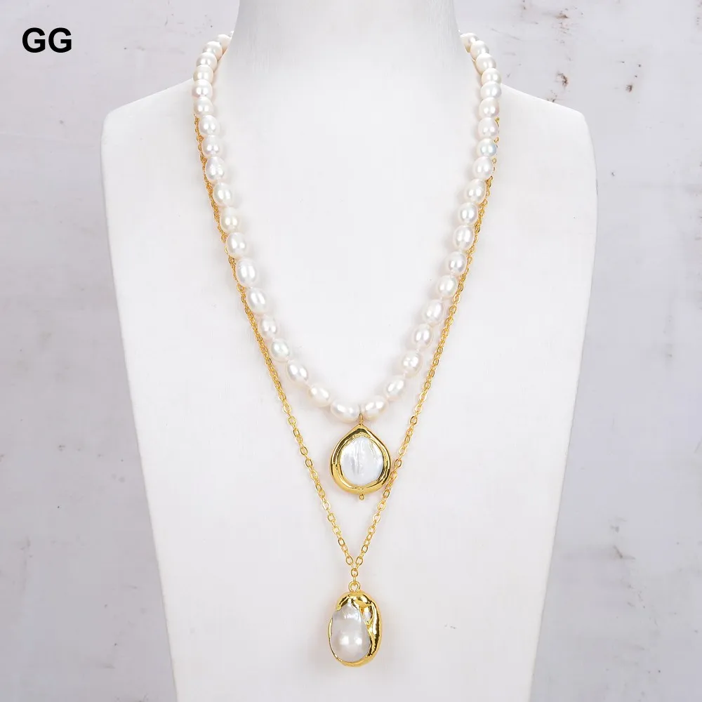 

GG Jewelry 19'' White Natural Cultured Rice Pearl Chain Necklace White Keshi Pearl Pendant For Women