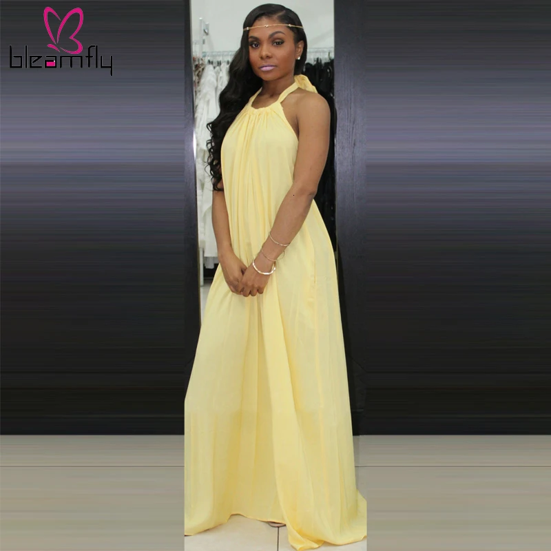 Однотонное женское Шифоновое Платье макси с лямкой на шее сексуальное шнуровке