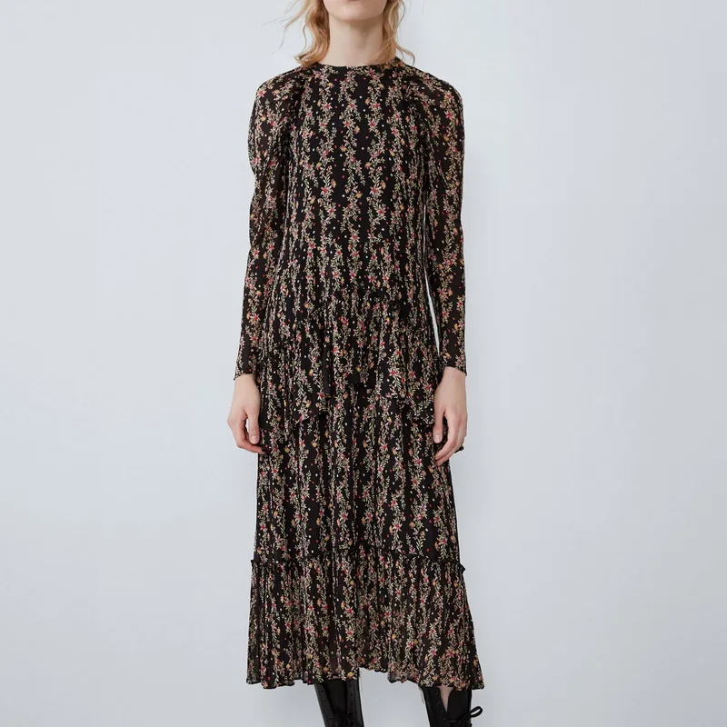 Женское длинное платье осень 2019 Новая мода Крошечные цветочные принты Feminino Vestidos