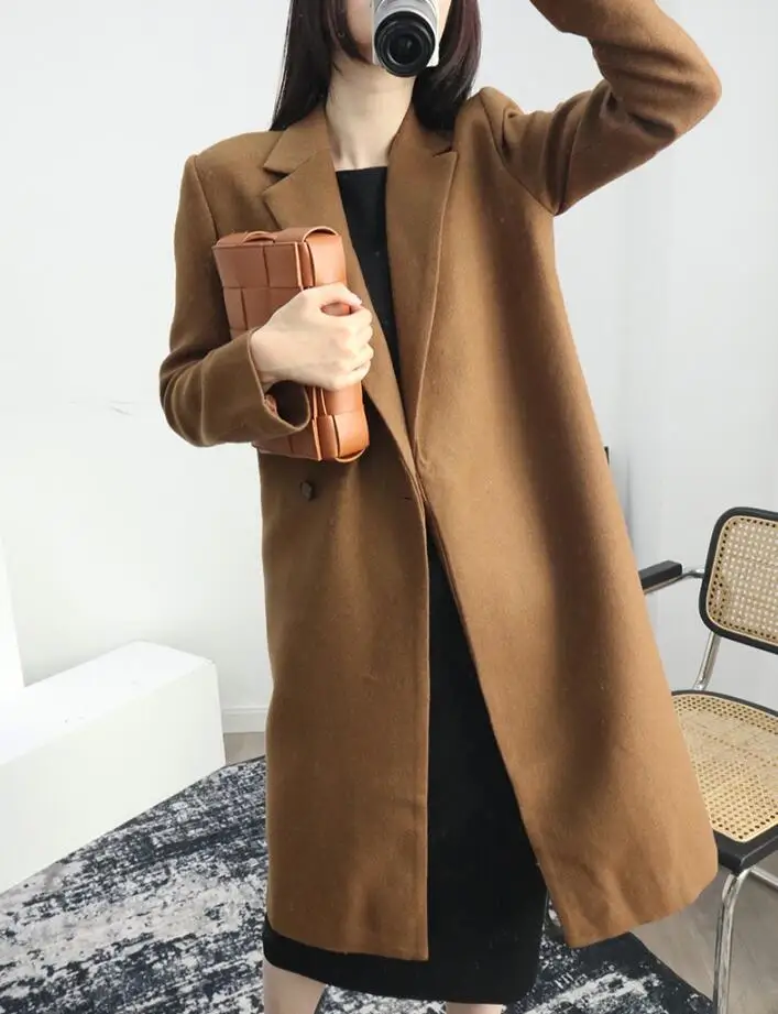 

2020 Autumn and Winter New Mid-length One-button Loose and Versatile Long-sleeved Coffee Color Woolen Coat Women