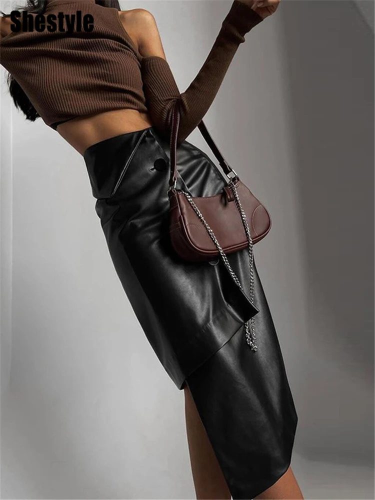 

Shestyle PU Faux Leather Asymmetrical Black Overlap Button Up Turn Down Waist Pencil Long Skirts Women Streetwear Push Up 2022