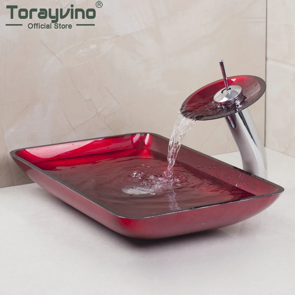 

Torayvino красная прямоугольная ручная краска умывальник из закаленного стекла Раковина на бортике раковина кран для ванной комнаты Набор с вс...