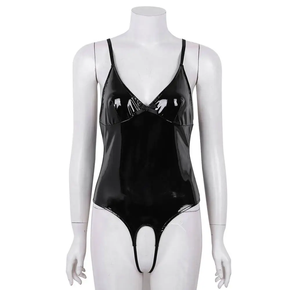 Сексуальное женское нижнее белье из лакированной кожи черного цвета боди
