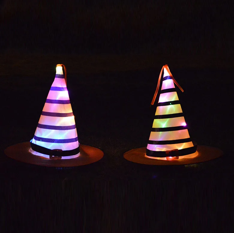 

New Halloween Witch Hat with LED Light Glowing Witches Hat Hanging Party Home Decor Suspension Tree Glowing Hat for Kids