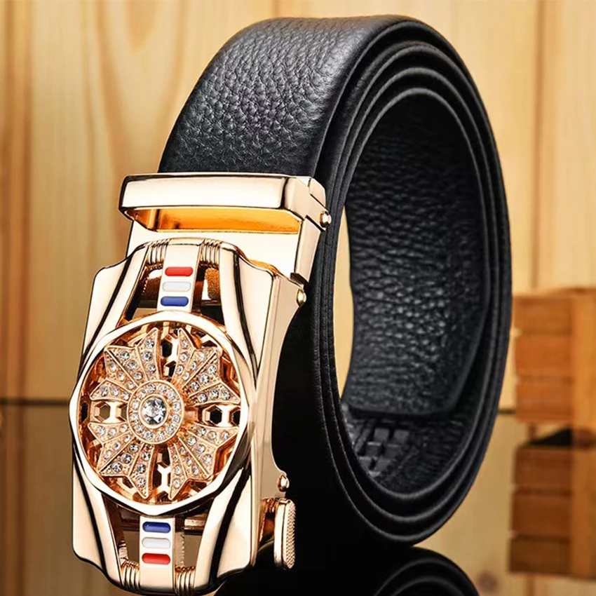 New Belts Metal Automatic Buckle Brand Rotary Buckle Leather Belts for Men Famous Brand Luxury Black Business Strap