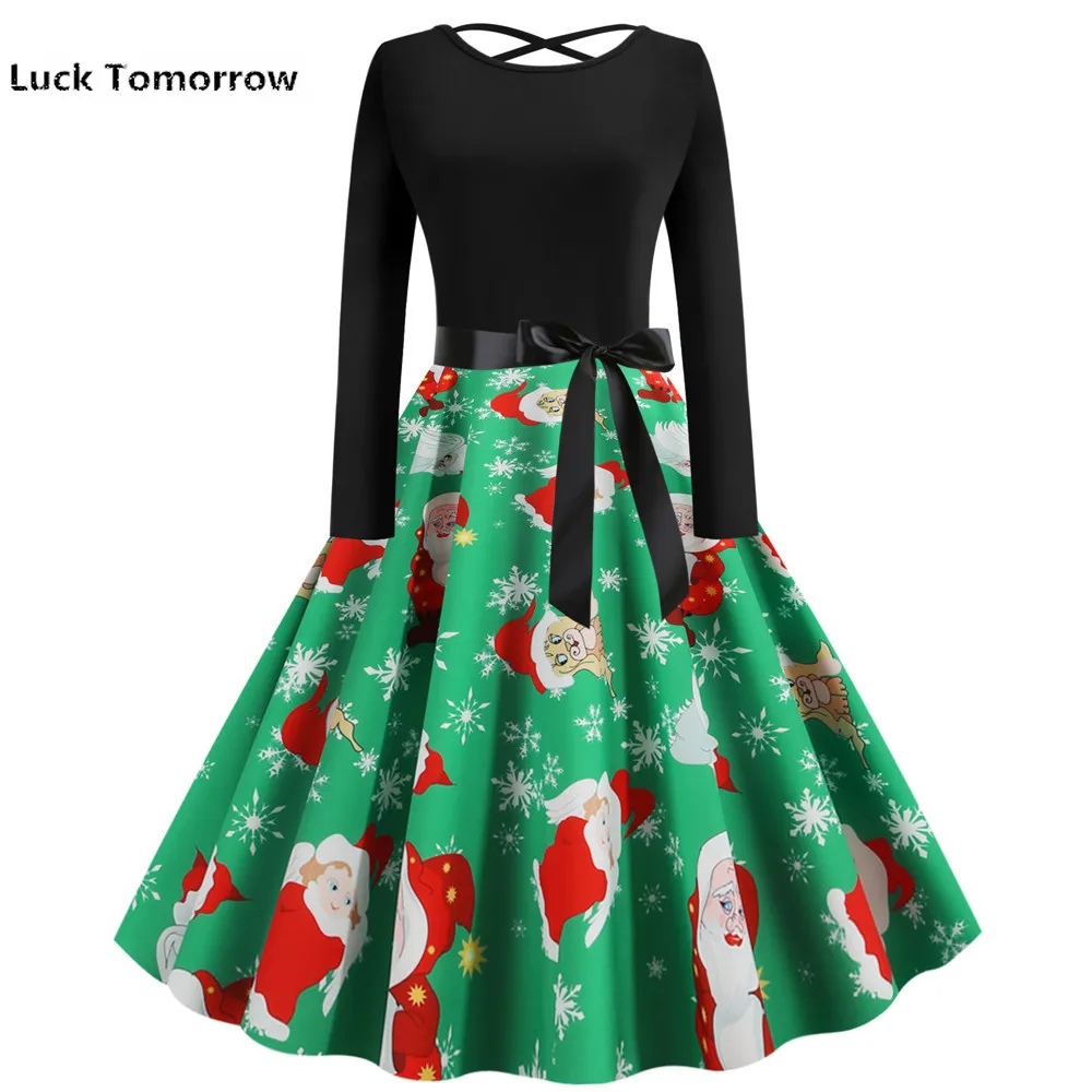 Женское осеннее винтажное рождественское платье Повседневное с принтом и