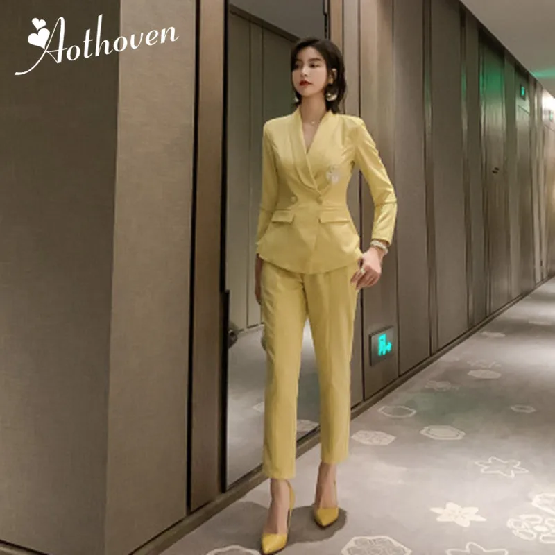 Yellow Women's Business Suit Blazer Jacket Trousers 2 Piece Set Costume Business Lady Autumn Elegant High Quality OL Work Suit