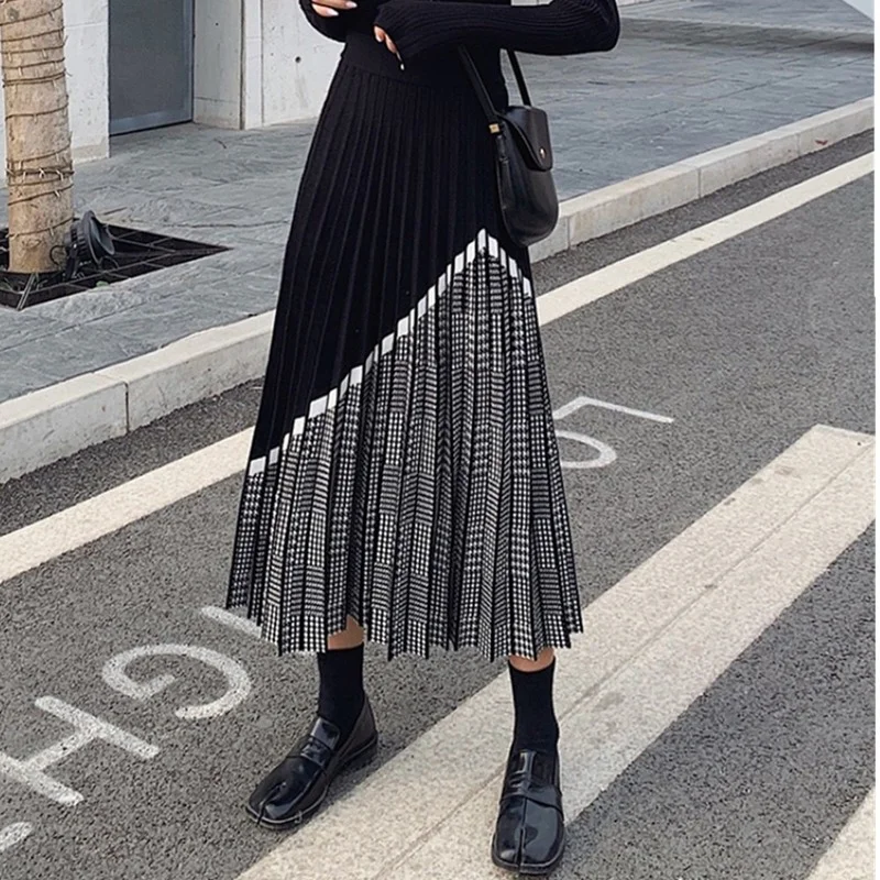 

Winter Women's Fashion korean fashion Houndstooth Midi Skirt Female High Waist Pleated Knitted Thick Black Warm harajuku Skirts
