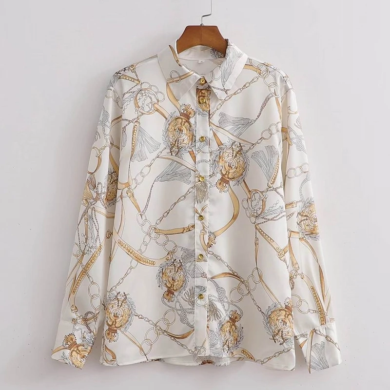 

Women Loose Shirt Autumn 2021 New Fashion Chains Prints Blouse Modern Lady Casual Top Wears