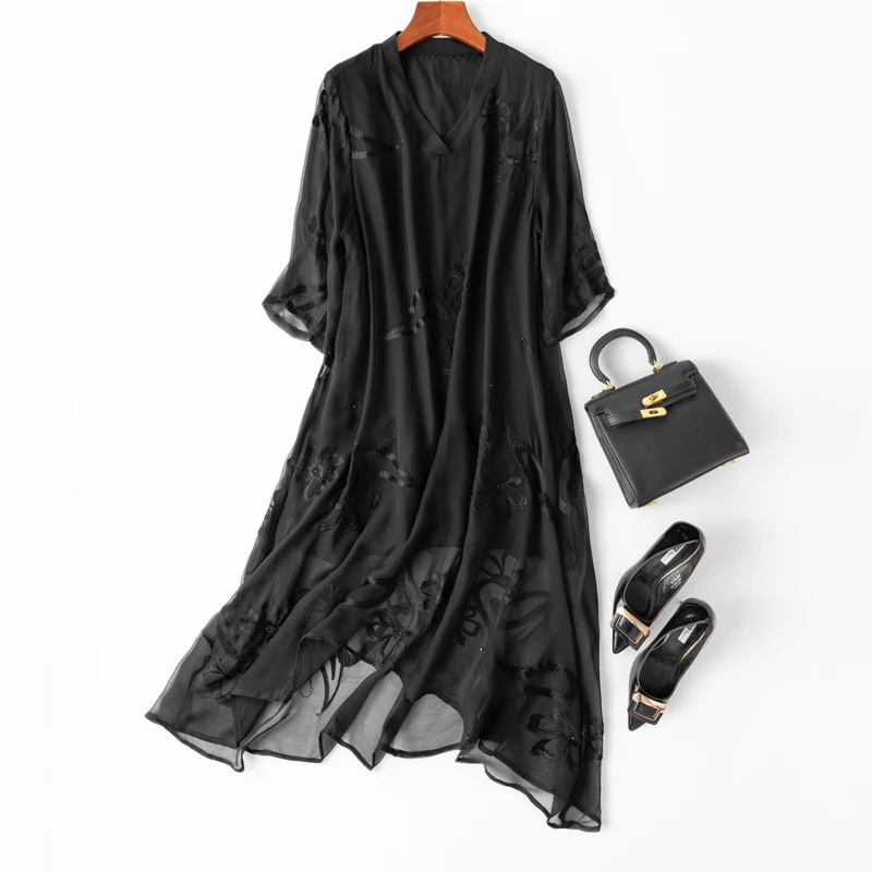 

SuyaDream Woman Black Dress 100%Silk Georgette A line V neck Embroidery Dresses 2021 Spring Summer Mid Dresses