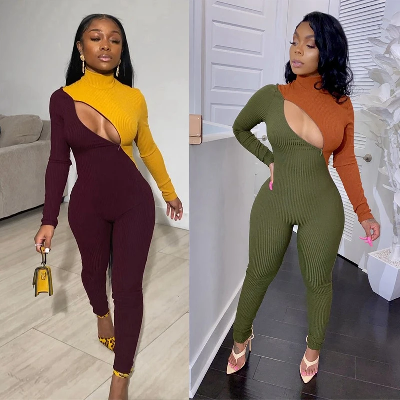 Цветной лоскутный сексуальный обтягивающий комбинезон для женщин с длинным