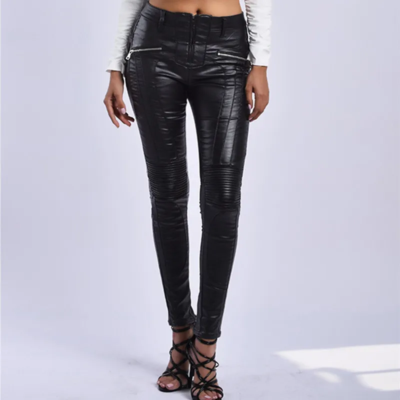 

Sexy Warm Fleece PU Leather Jeans Pants Female Slim Stretch Black Pencil Pants Punk Motor Biker Trousers
