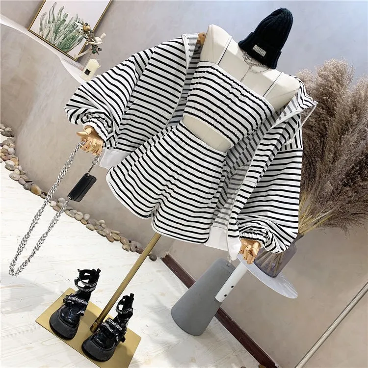 

Women's spring and autumn new fashion casual striped loose hooded cardigan suspender shorts three-piece suit hoodie