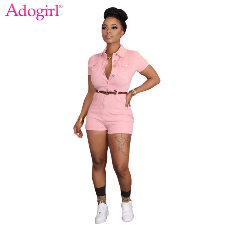 

Adogirl Women Solid Jumpsuit Buttons Up Turn Down Collar Short Sleeve Shorts Romper Casual Playsuit Sexy Overalls