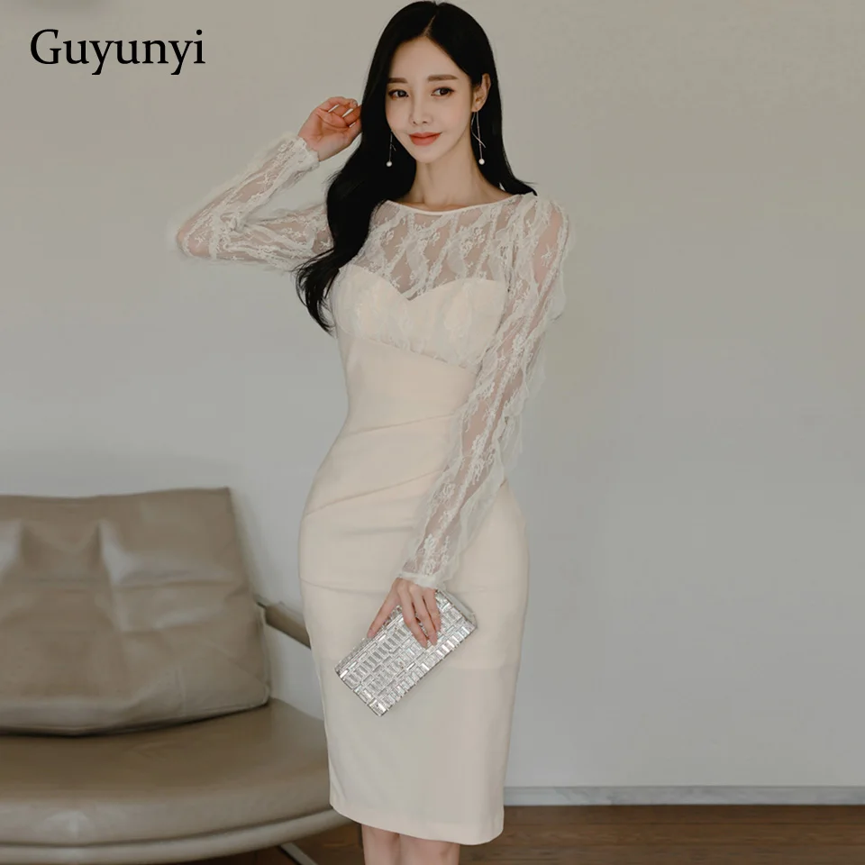 

Elegant Party Dress 2022 Spring Sexy Perspective Lace O-Neck Sleeves Back High Waist Tight Folds Temperament Office Lady Dress