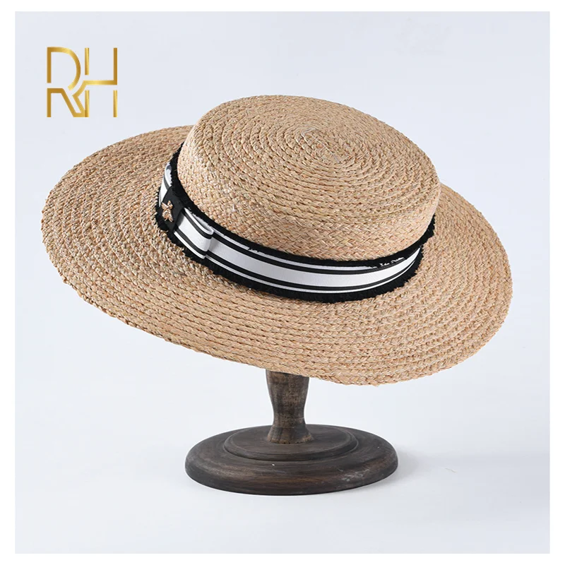 RH женские летние Козырьки с бантом соломенная шляпа из рафии плоским верхом
