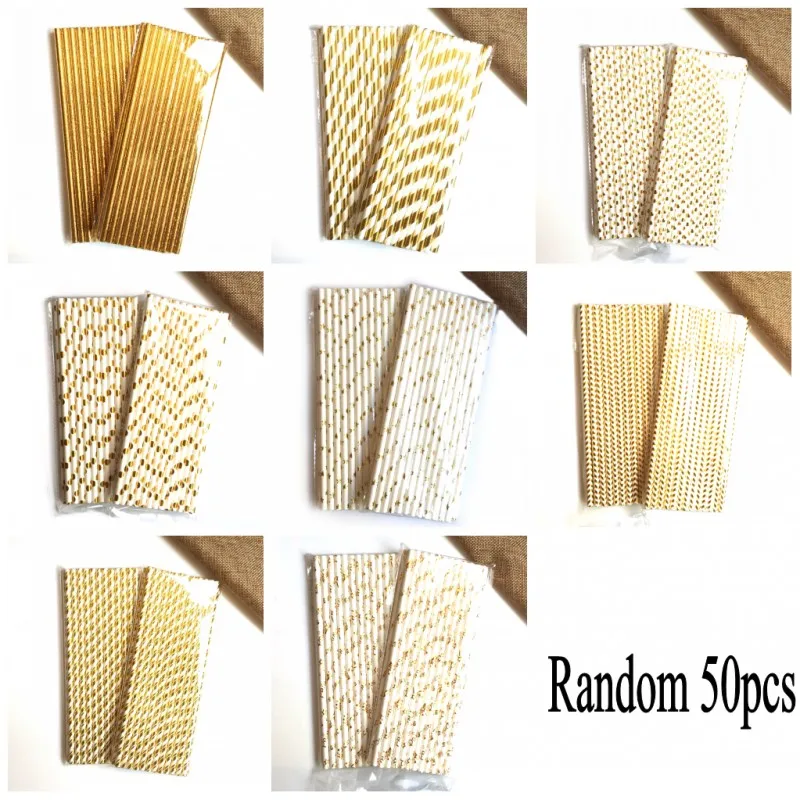 Random 50pcs 50 шт./лот фольги в золотую полоску бумажные соломинки для детей с днем рождения свадьбы рождества украшения творческие флаги события вечерние принадлежности - Цвет: Random 50pcs