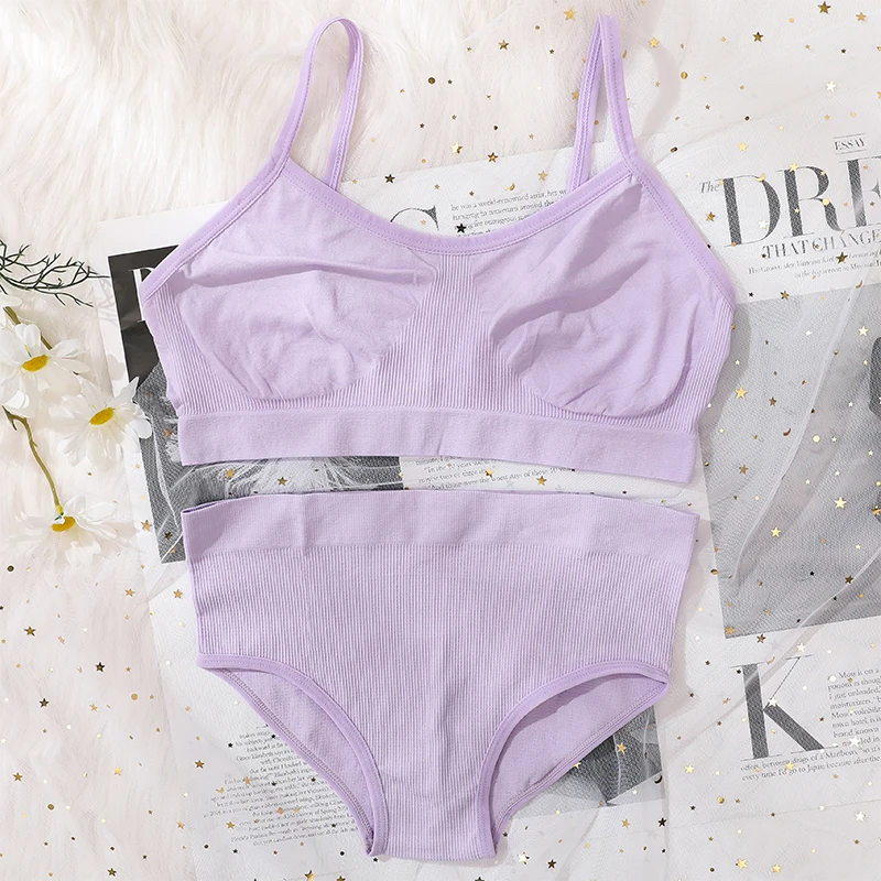 

Women Bra Briefs Set Seamless Ribbed Unlined Bras High Waist Panties Fitness Tops Underwear Set Sexy Lingerie Backless Bralette