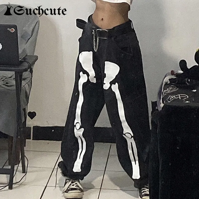 

SUCHCUTE Women's Baggy Jeans Gothic Printed Black Harem Pants Harajuku Streetwear Hight Waist Casual Female Denim Trousers 2021