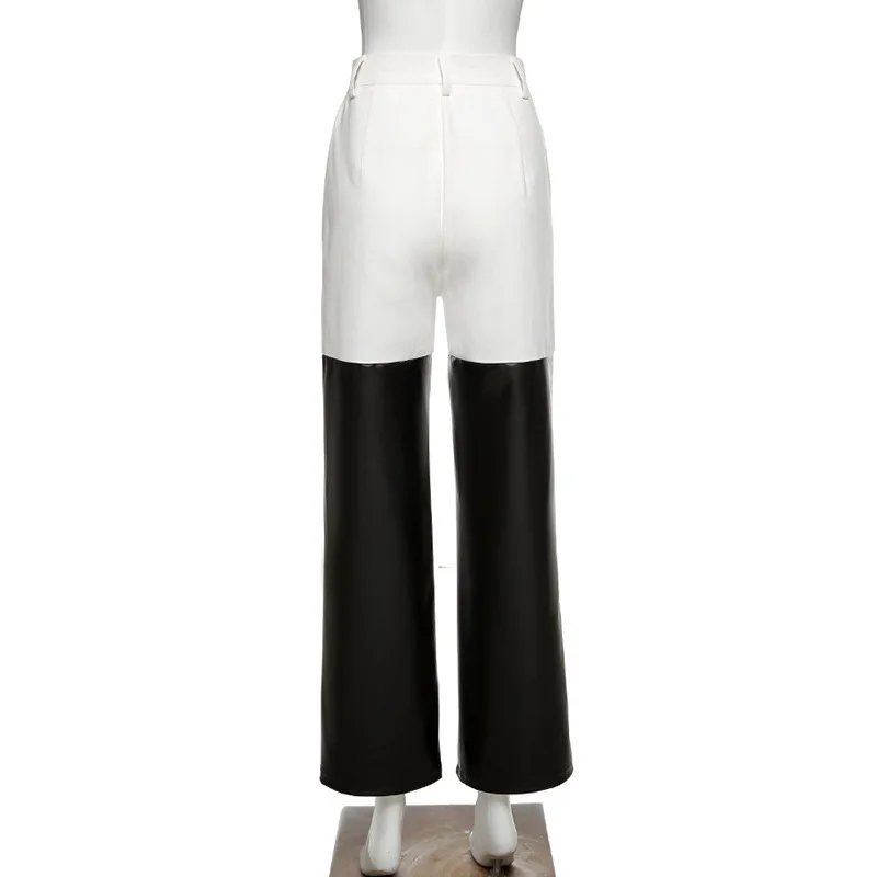 

2021 new women's high waist straight PU leather stitching all-match street casual pants