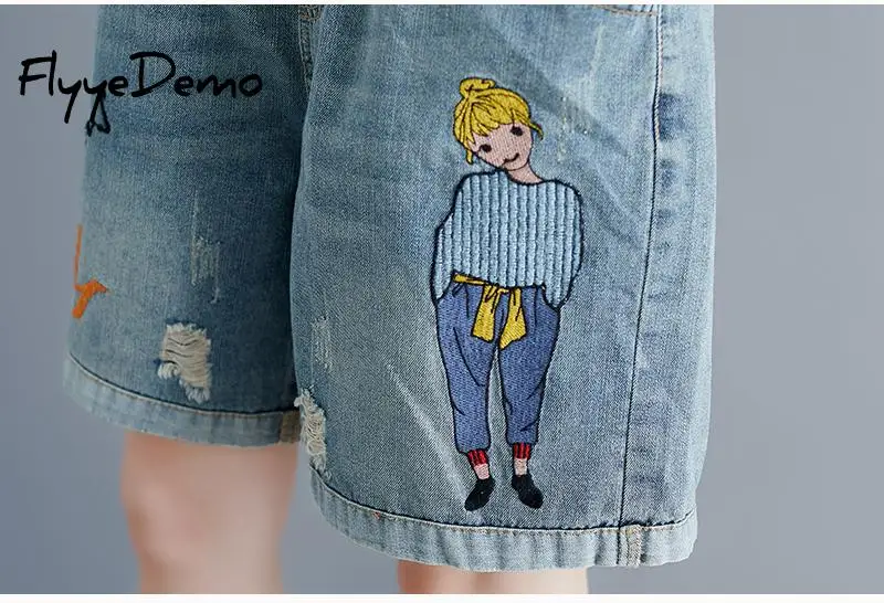 

Cute Girl Letters Cartoon Embroidery Holes Cotton Denim Shorts Women Summer 2020 New Casual Loose Plus Size Jeans Shorts M-2XL