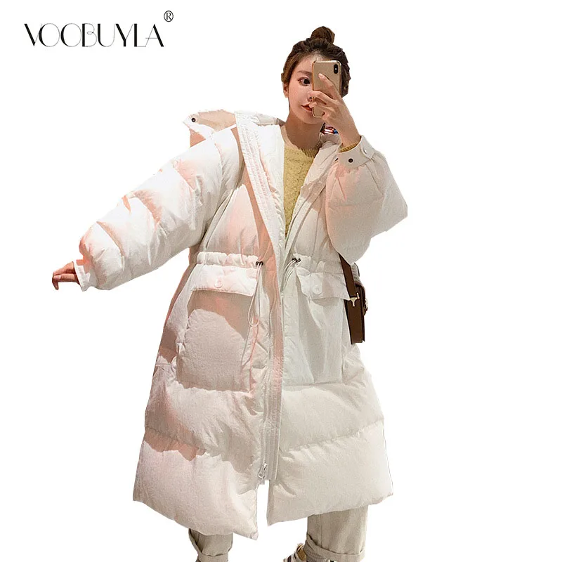 Хлопковая стеганая негабаритная теплая парка Женская куртка Верхняя одежда на молнии с карманами зимняя повседневная куртка с меховым капюшоном белого цвета