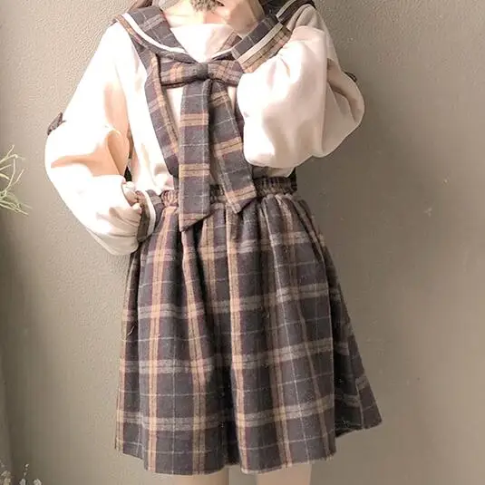 Японский стиль, винтажные клетчатые юбки на подтяжках, Harajuku, милые юбки с высокой талией, женские трапециевидные Повседневные мини-юбки для девочек - Цвет: Only Skirt