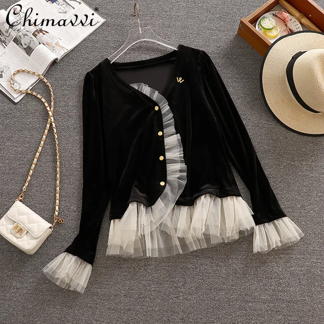 

Women's Autumn Thin Korean Style Short Jacket Long Sleeve Casual Graceful Chic Jacket Female V Neck Single Breasted Black Coat