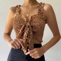 sexy tie front ruched cropped cami polka dot sleeveless ruffles spaghetti strap top women summer boho backless vest clothes
