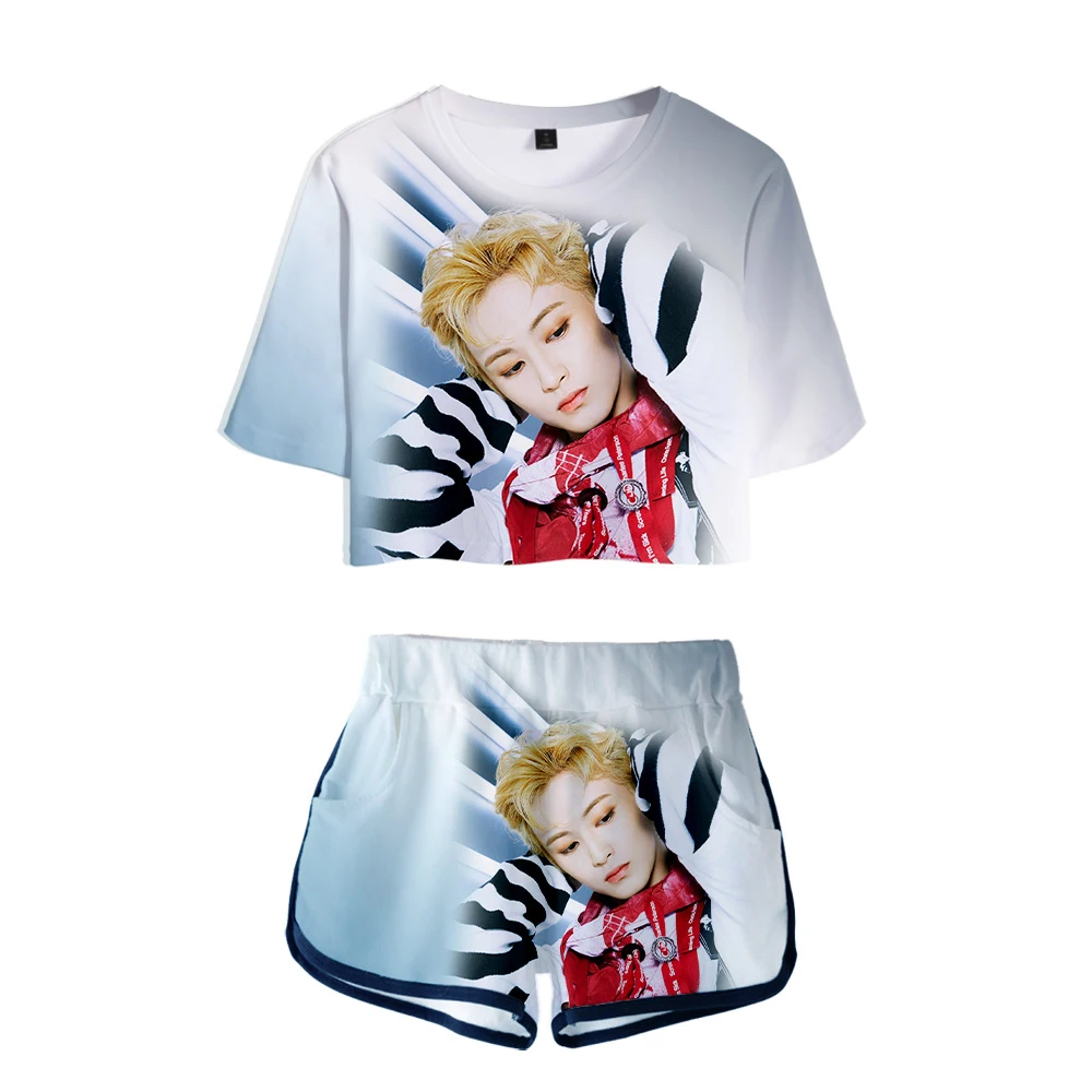

2021 KPOP NCT Dew navel sportswear Girls Short Sleeve tracksuit Girls Sexy Cool Two Pieces sets KPOP NCT Dew T-shirts Pants+Tops