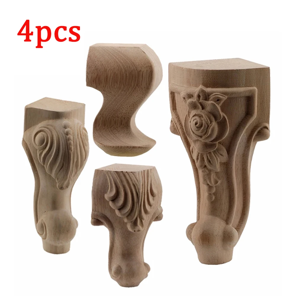 4pcs Wooden Furniture Legs European Style Solid Wood Carved Furniture Foot Vintage TV Cabinet Seat Feets Home Decor Accessories