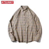 atsunny 2021 long sleeve shirt plaid oversized brown top turn down collar leisure fashion loose all match loose blouse