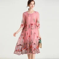 spring new womens plus size chiffon embroidery dresses mid sleeve loose casual o neck flare sleeve elegant dress high quality